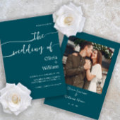 ティール（緑がかった色）手書きスクリプトフォト結婚式招待状 招待状