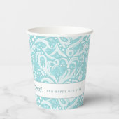 ティール（緑がかった色）抽象芸術スノーフレーク・パターン#10 ID1009 紙コップ (裏面)