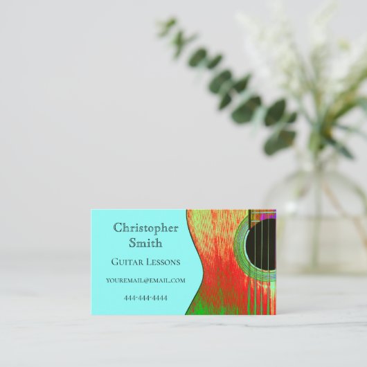 ティール（緑がかった色）抽象芸術レッドとグリーンギターのレッスン 名刺 (スタンド正面)