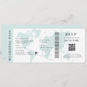 ティール（緑がかった色）搭乗パス宛先ウェディングQRコード 招待状 (正面/裏面)