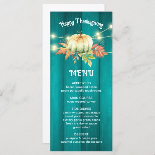 ティール（緑がかった色）木目カボチャ秋の感謝祭メニュー メニュー (正面/裏面)