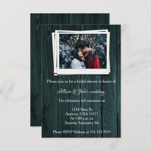 ティール(緑がかった色)木製フォトブライダルシャワー招待状 招待状 (正面/裏面)