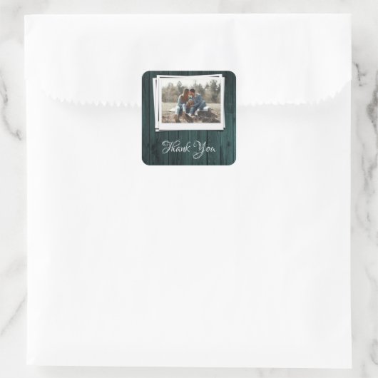 ティール(緑がかった色)木製写真サンキューステッカー スクエアシール (バッグ)