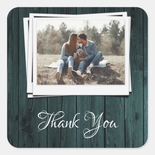 ティール(緑がかった色)木製写真サンキューステッカー スクエアシール (正面)