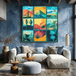 ティール（緑がかった色）枠の砂漠芸術グリッド – ジオメトカラフルリ ポスター