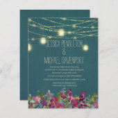 ティール（緑がかった色）梅パープルフローラストリングライツ結婚ズ 招待状 (正面/裏面)