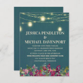 ティール(緑がかった色)梅パープルフローラストリングライツ結婚ズ 招待状 (正面/裏面)