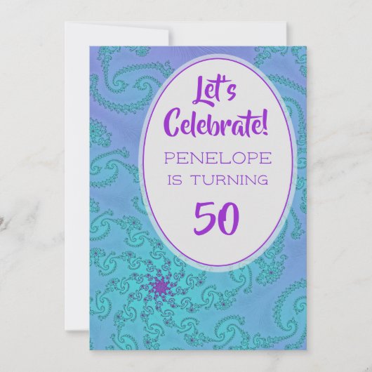ティール（緑がかった色）梅フラクタル花模様50誕生日 招待状 (正面)