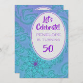 ティール(緑がかった色)梅フラクタル花模様50誕生日 招待状 (正面/裏面)