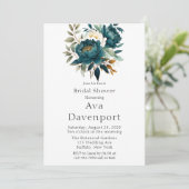 ティール（緑がかった色）植物性フローラ牡丹ブライダルシャワー 招待状 (スタンド正面)