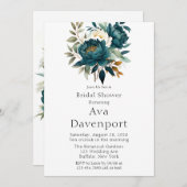 ティール（緑がかった色）植物性フローラ牡丹ブライダルシャワー 招待状 (正面/裏面)