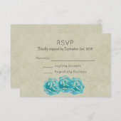 ティール（緑がかった色）水の色のバラタンダマスクウェディングRSVP 出欠カード (正面/裏面)