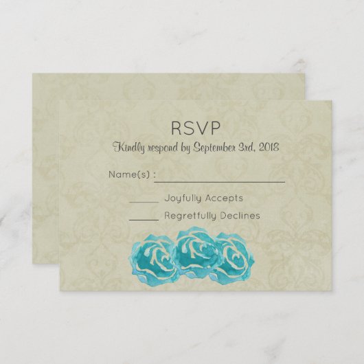 ティール（緑がかった色）水の色のバラタンダマスクウェディングRSVP 出欠カード (正面/裏面)