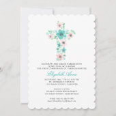 ティール(緑がかった色)水の色フラワークロス最初の聖餐式 招待状 (正面)