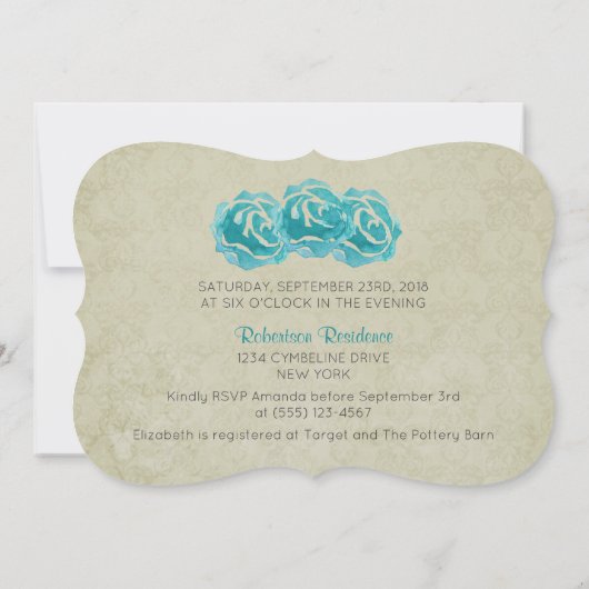 ティール(緑がかった色)水カラーバラオンタンダマスクブライダルシャワー 招待状 (裏面)