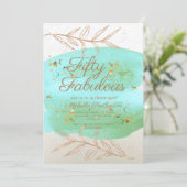 ティール(緑がかった色)水彩アイボリーと金ゴールドダスト50誕生日 招待状 (スタンド正面)