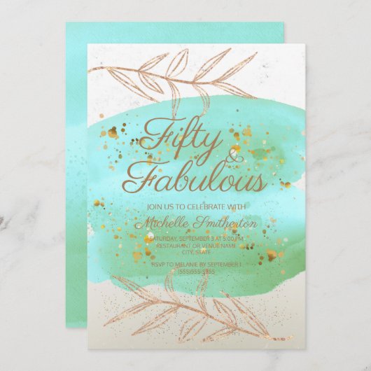 ティール(緑がかった色)水彩アイボリーと金ゴールドダスト50誕生日 招待状 (正面/裏面)
