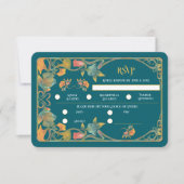 ティール（緑がかった色）水彩アールヌーボーウェディングRSVPカード 出欠カード (正面)