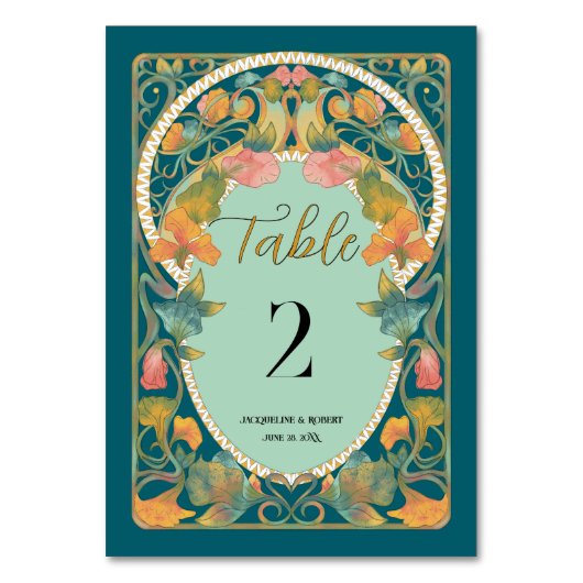ティール（緑がかった色）水彩アールヌーボー結婚ズ テーブルナンバー (正面)