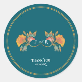 ティール（緑がかった色）水彩アールヌーボー結婚ズ ラウンドシール