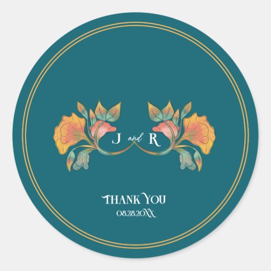 ティール（緑がかった色）水彩アールヌーボー結婚ズ ラウンドシール (正面)