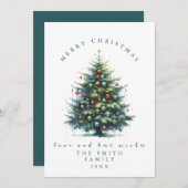 ティール（緑がかった色）水彩クリスマスツリーカード シーズンカード (正面/裏面)