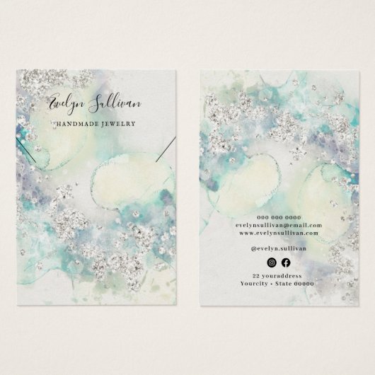 ティール（緑がかった色）水彩グリッターネックレス表示カード (正面&裏面)