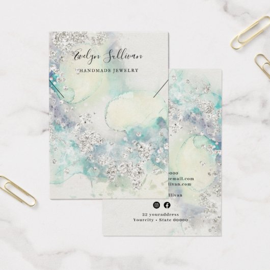 ティール(緑がかった色)水彩グリッターネックレス表示カード (オフィス)