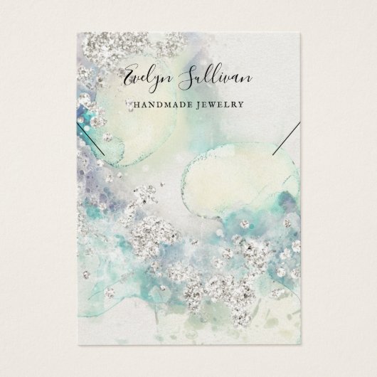 ティール(緑がかった色)水彩グリッターネックレス表示カード (正面)