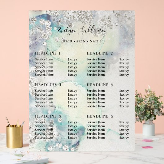 ティール（緑がかった色）水彩シルバーグリッター価格表 アクリルサイン (ウェディング)