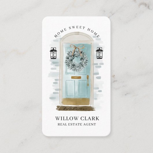 ティール（緑がかった色）水彩フロントドアリース写真とロゴ 名刺 (正面)