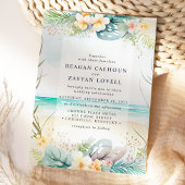 ティール(緑がかった色)水彩フローラビーチ結婚式 招待状