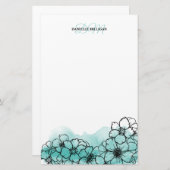 ティール（緑がかった色）水彩フローララインアートネームモノグラム 便箋 (正面/裏面)