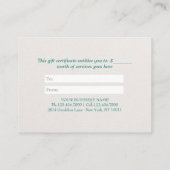 ティール（緑がかった色）水彩ヨガインストラクターギフト券 割引カード (裏面)