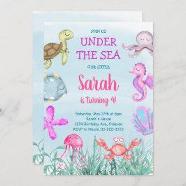 ティール(緑がかった色)水彩下海誕生日招待状 招待状