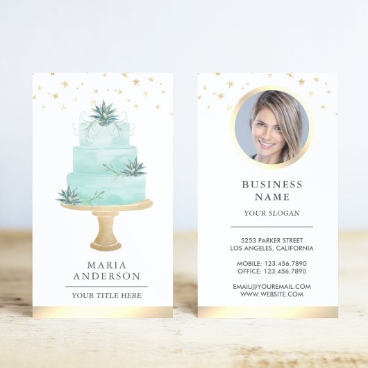ティール(緑がかった色)水彩多肉質ケーキペストリーシェフベーカリー 名刺