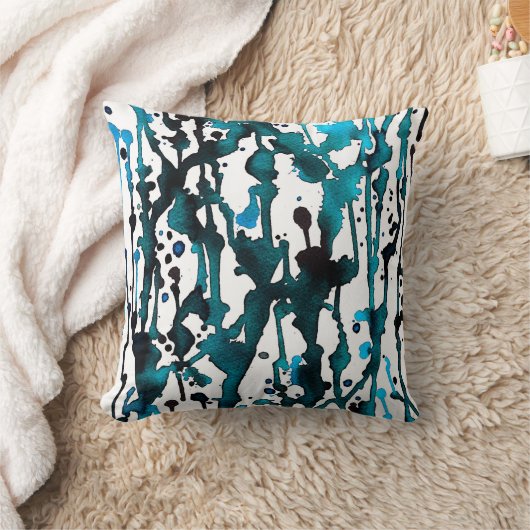 ティール（緑がかった色）水彩抽象芸術枕 クッション (ブランケット)