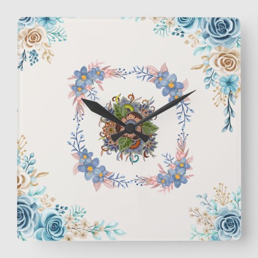 ティール(緑がかった色)水彩抽象芸術絵を描ズ、穏やかな穏やかな スクエア壁時計 (正面)