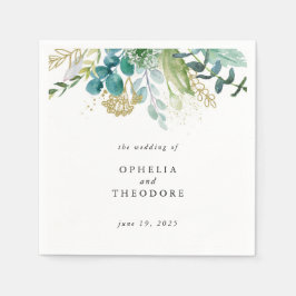 ティール（緑がかった色）水彩植物性結婚モノグラム スタンダードカクテルナプキン