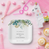 ティール(緑がかった色)水彩植物性結婚モノグラム ペーパープレート (パーティー)