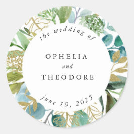 ティール(緑がかった色)水彩植物性結婚式の引き出物サンキューユナイテッド ラウンドシール