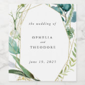 ティール（緑がかった色）水彩植物性結婚式の引き出物サンキューユナイテッド ワインラベル (シングルラベル)