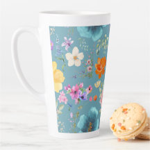 ティール（緑がかった色）水彩花ラテコーヒーカップ
