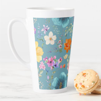 ティール（緑がかった色）水彩花ラテコーヒーカップ カフェラテマグ
