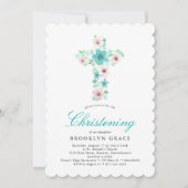 ティール（緑がかった色）水彩花十字洗礼 招待状 (正面)