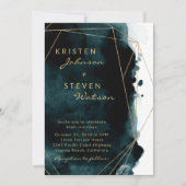 ティール(緑がかった色)水彩金ゴールド幾何学模様結婚枠 招待状 (正面)