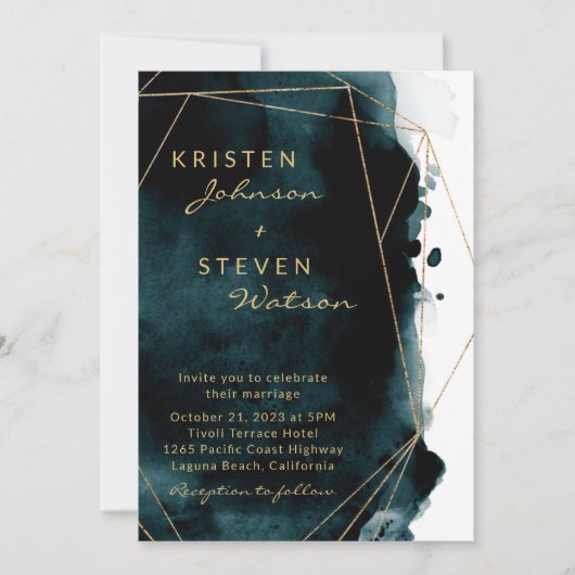 ティール（緑がかった色）水彩金ゴールド幾何学模様結婚枠 招待状 (正面)
