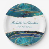 ティール（緑がかった色）水彩金ゴールド瑪瑙ウェディングレセプション ペーパープレート (正面)