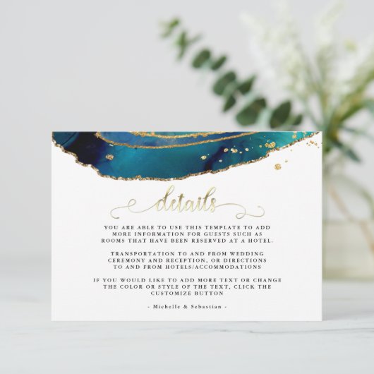 ティール（緑がかった色）水彩金ゴールド瑪瑙結婚の詳細カード エンクロージャーカード (スタンド正面)