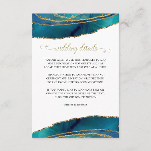ティール（緑がかった色）水彩金ゴールド瑪瑙結婚の詳細カード エンクロージャーカード (正面)